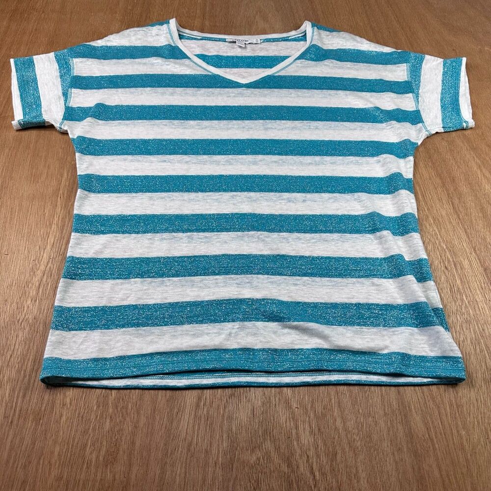 Womens Chico’s 0 Teal White Striped Linen Metallic V Neck Top